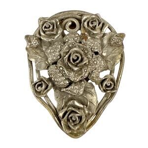 Antique Art Deco Dress Fur Scarf Clip Rose Floral Art Nouveau Vintage Jewelry